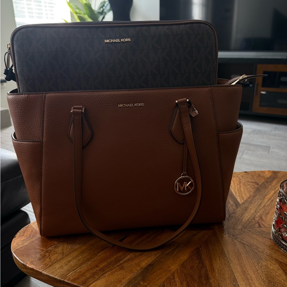 Michael Kors Camal Brown Tote with Charcoal MK Monogram Laptop Sleeve